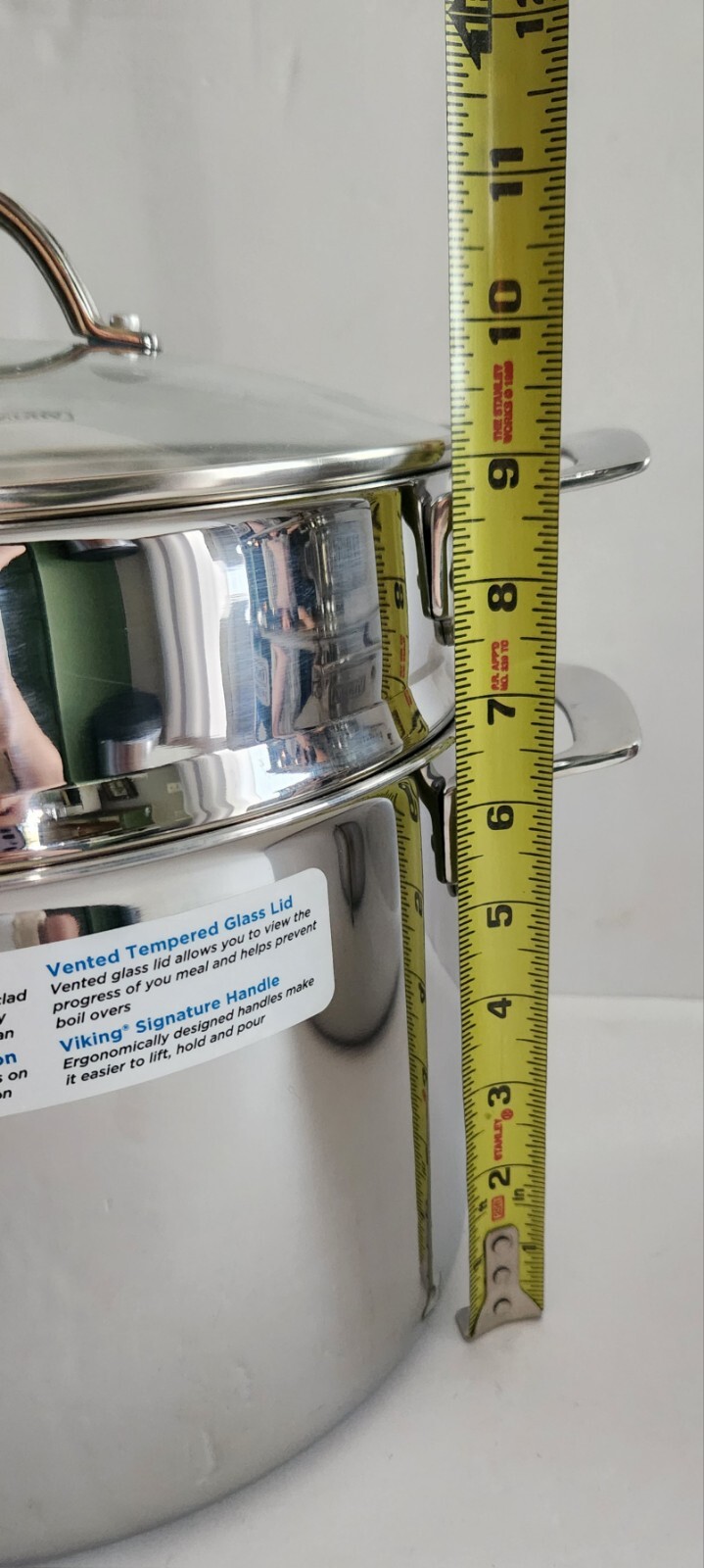 Viking 3-Ply Stainless Steel Stock Pasta Pot, Glass Lid 8 Qt/7.5L 9” D -NEW-