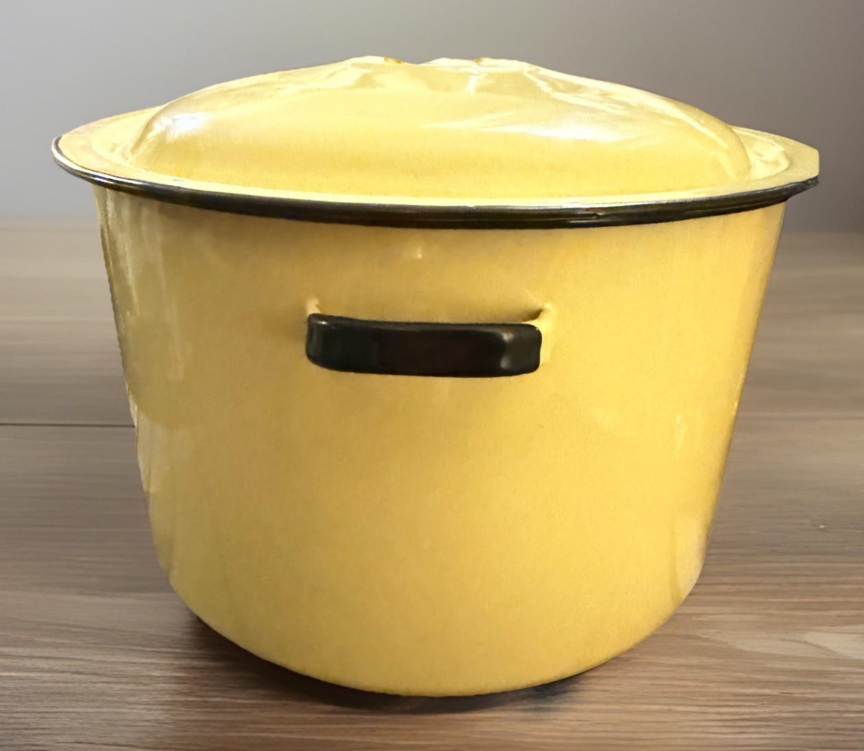 Vintage Yellow Enamel Metal Stockpot with Lid, Double Handle, Two-Piece Set