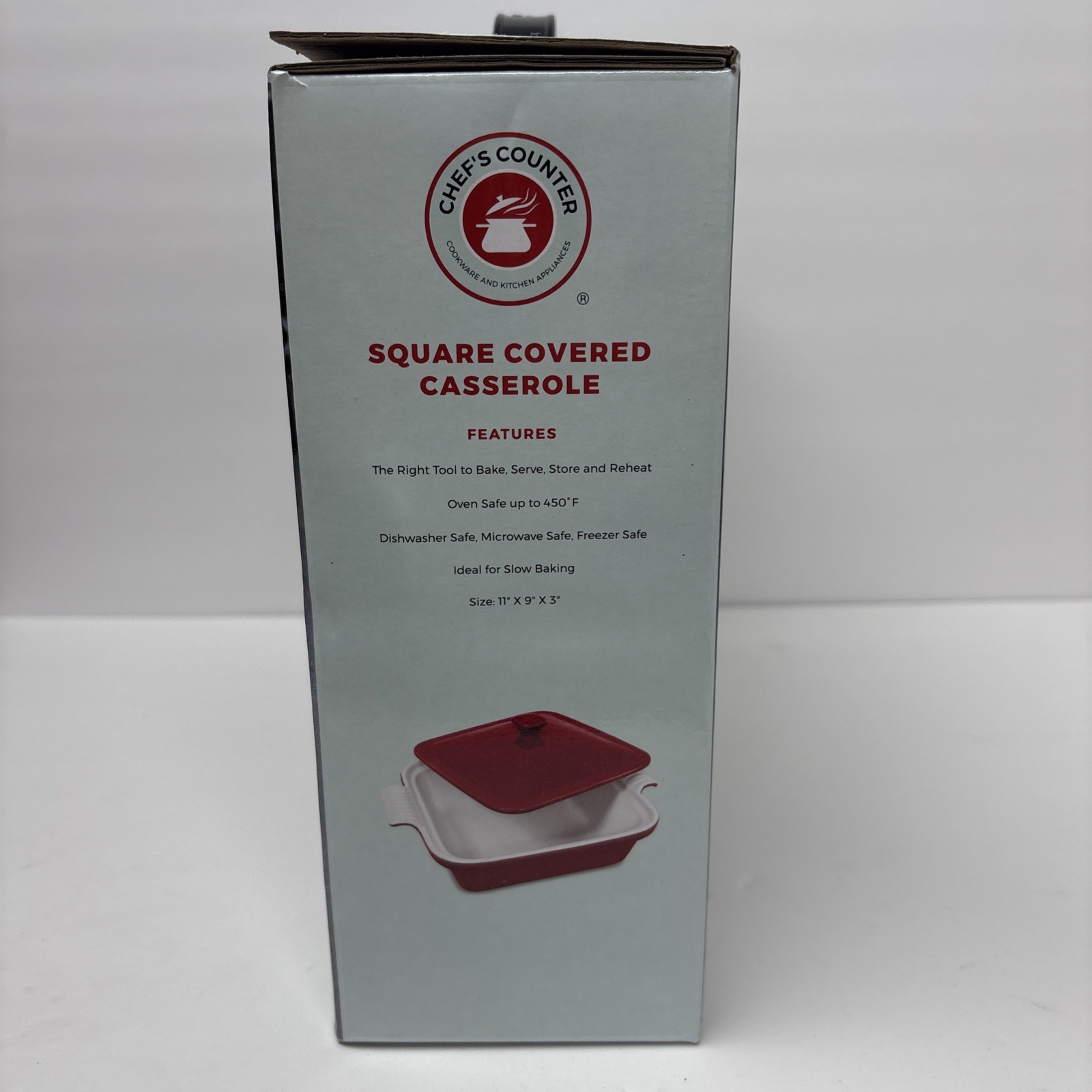 Chef’s Counter Red Stoneware Square Covered Casserole 11x9x3 Dishwash/Microwave