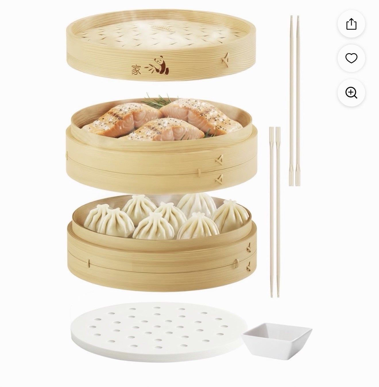 MIU 10″ 2-Tier Bamboo Steamer Basket 10″ – New with Stainless Steel Ring Adapter