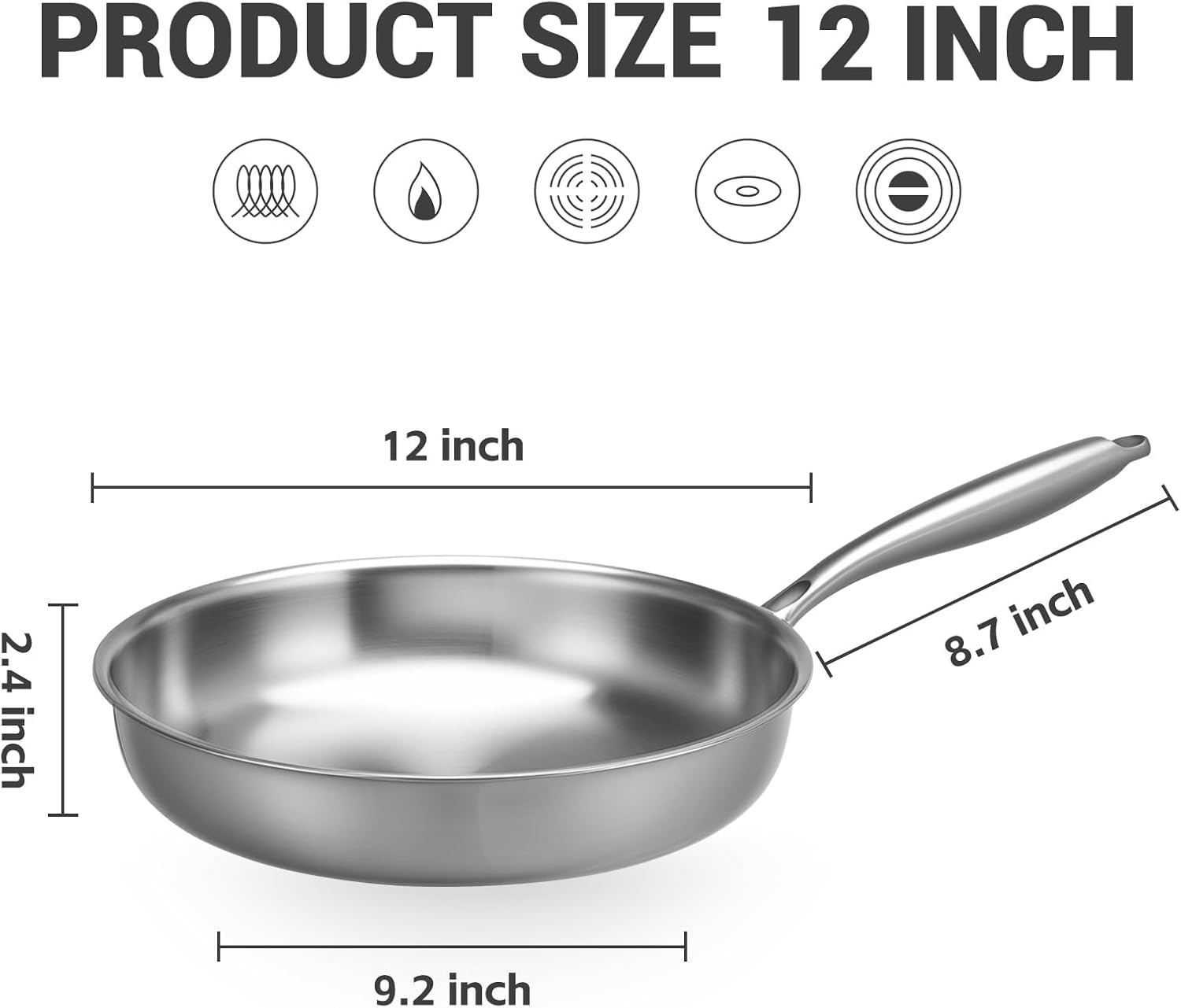 Tri-Ply Stainless Steel Pan 12″ Frying Pan Fast & Even Heat Stainless Steel