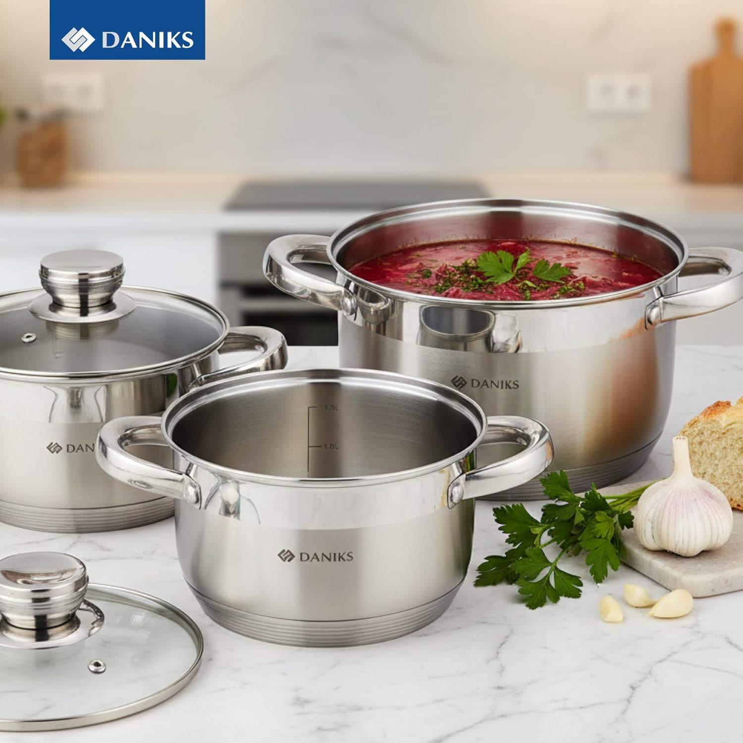 6-Piece Stainless Steel Cookware Set with Glass Lids & Measuring Scale