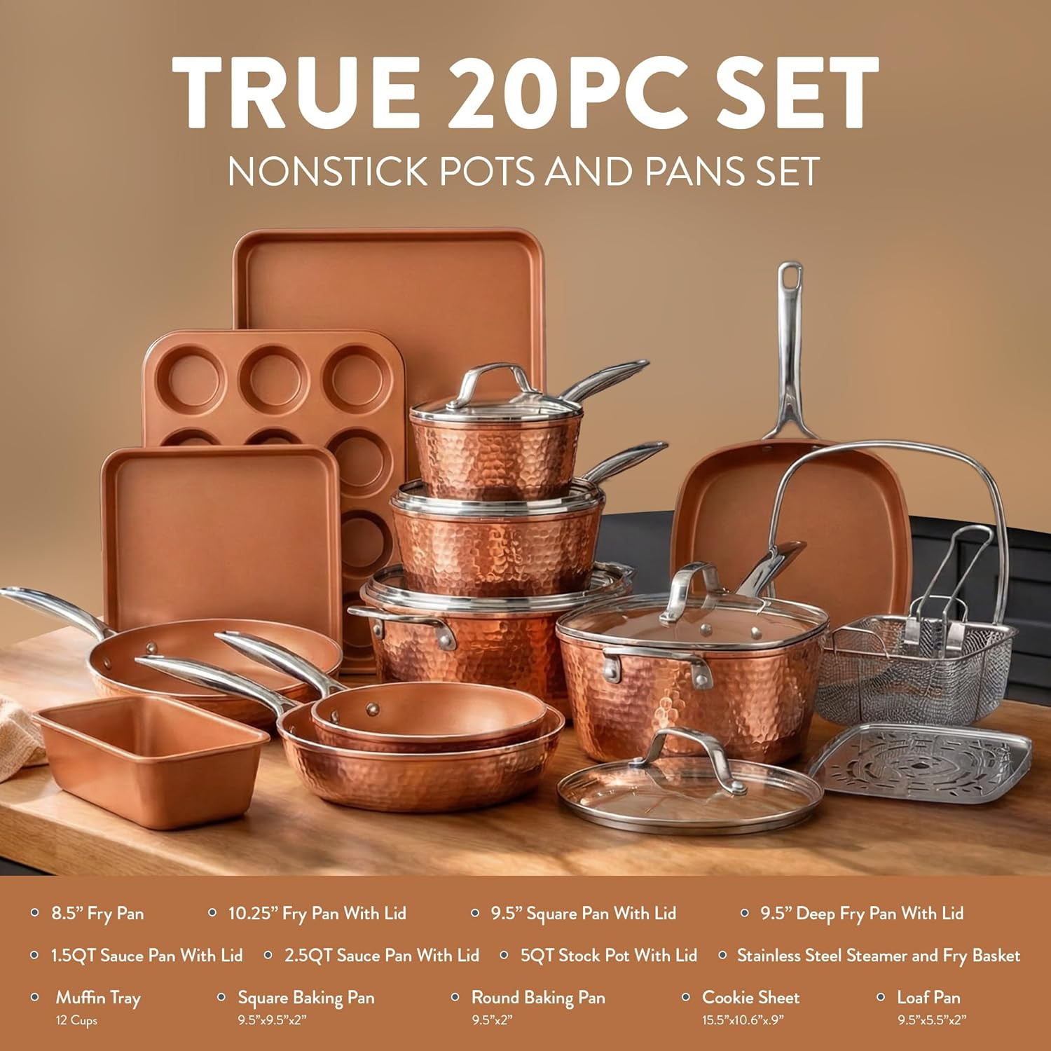 Gotham Steel Hammered 20 Pc Ceramic Cookware Set Nonstick, True Ceramic Pots and