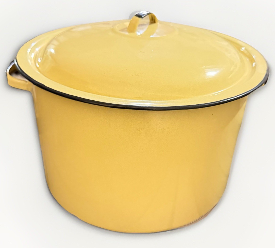 Vintage Yellow Enamel Metal Stockpot with Lid, Double Handle, Two-Piece Set