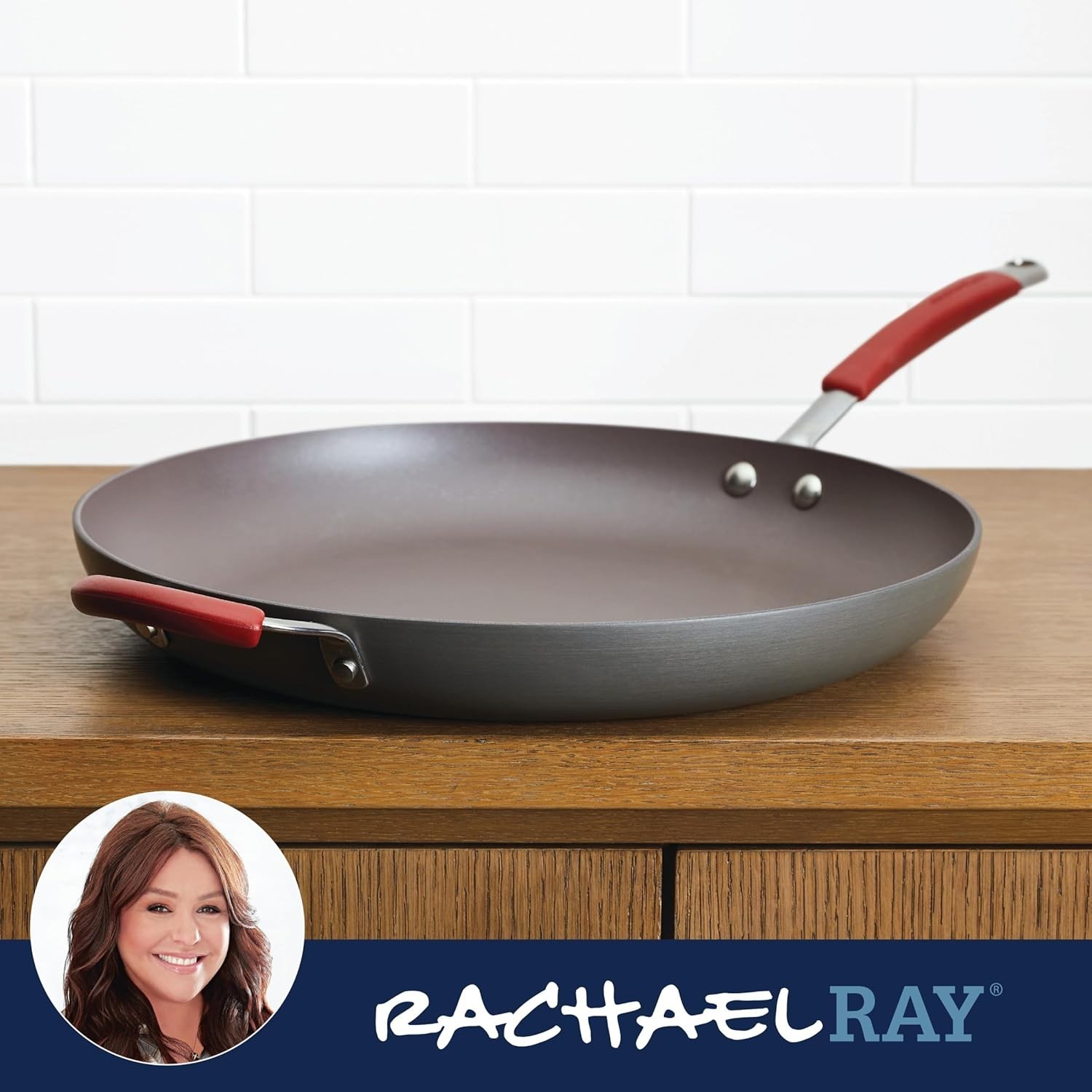 New Cucina 14″ Hard Anodized Nonstick Frying Pan Gray Red Handles