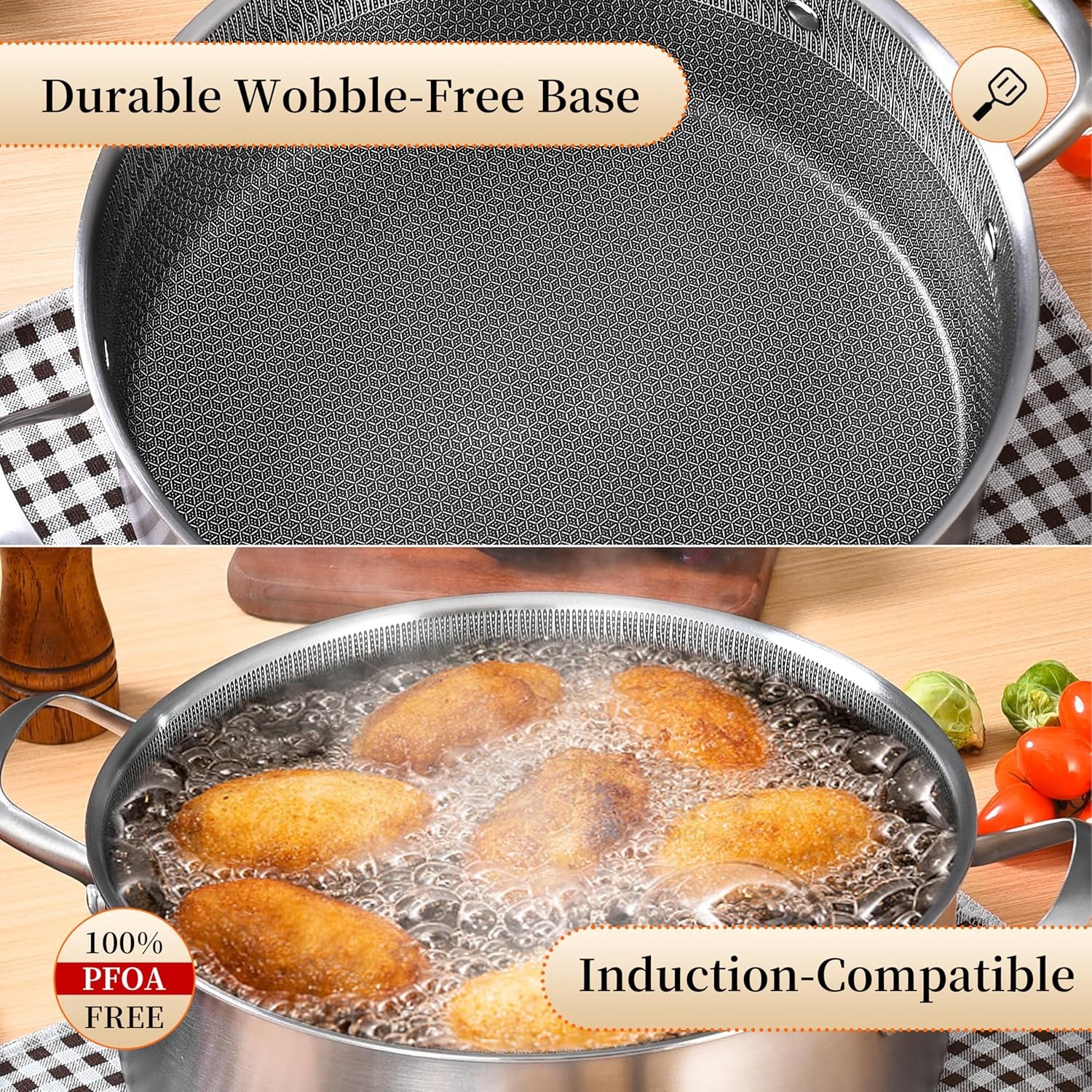 LOLYKITCH 7 QT Large Deep Frying Pan w/Lid,12″ Nonstick Triply Skillet Saute Pan