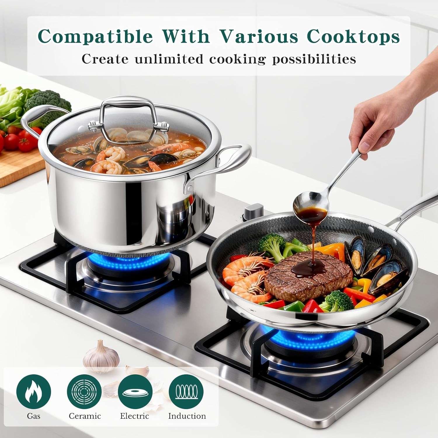 14-Piece Hybrid Stainless Steel Cookware Set, Pots and Pans Set with 3 Silicone
