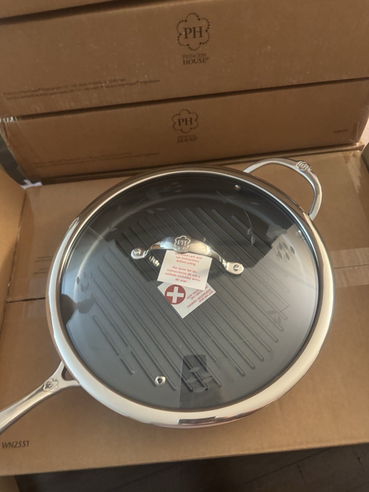 Princess House Heritage Round Non-Stick Grill Pan w/ Lid, 12in, Stainless Steel