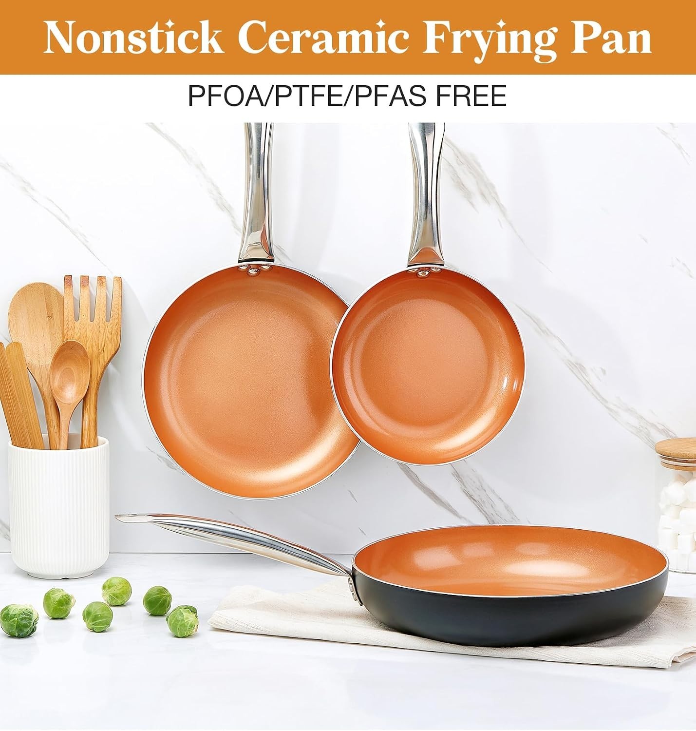 10in Copper Nonstick Frying Pans with Lids and Titanium Ceramic Interior,100%…