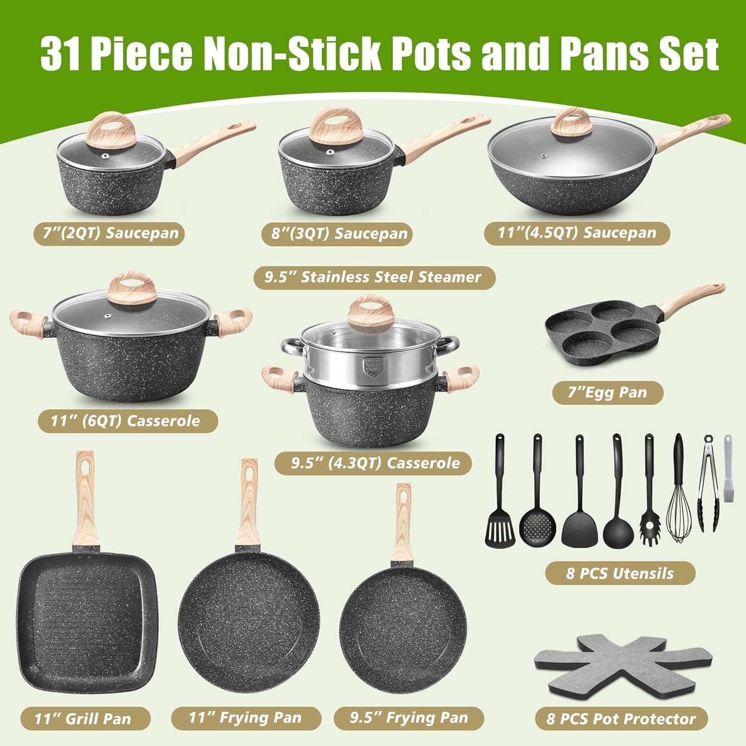 31 Pcs Pots and Pans Set Non Stick, Black Granite Induction Cookware Set, Non To
