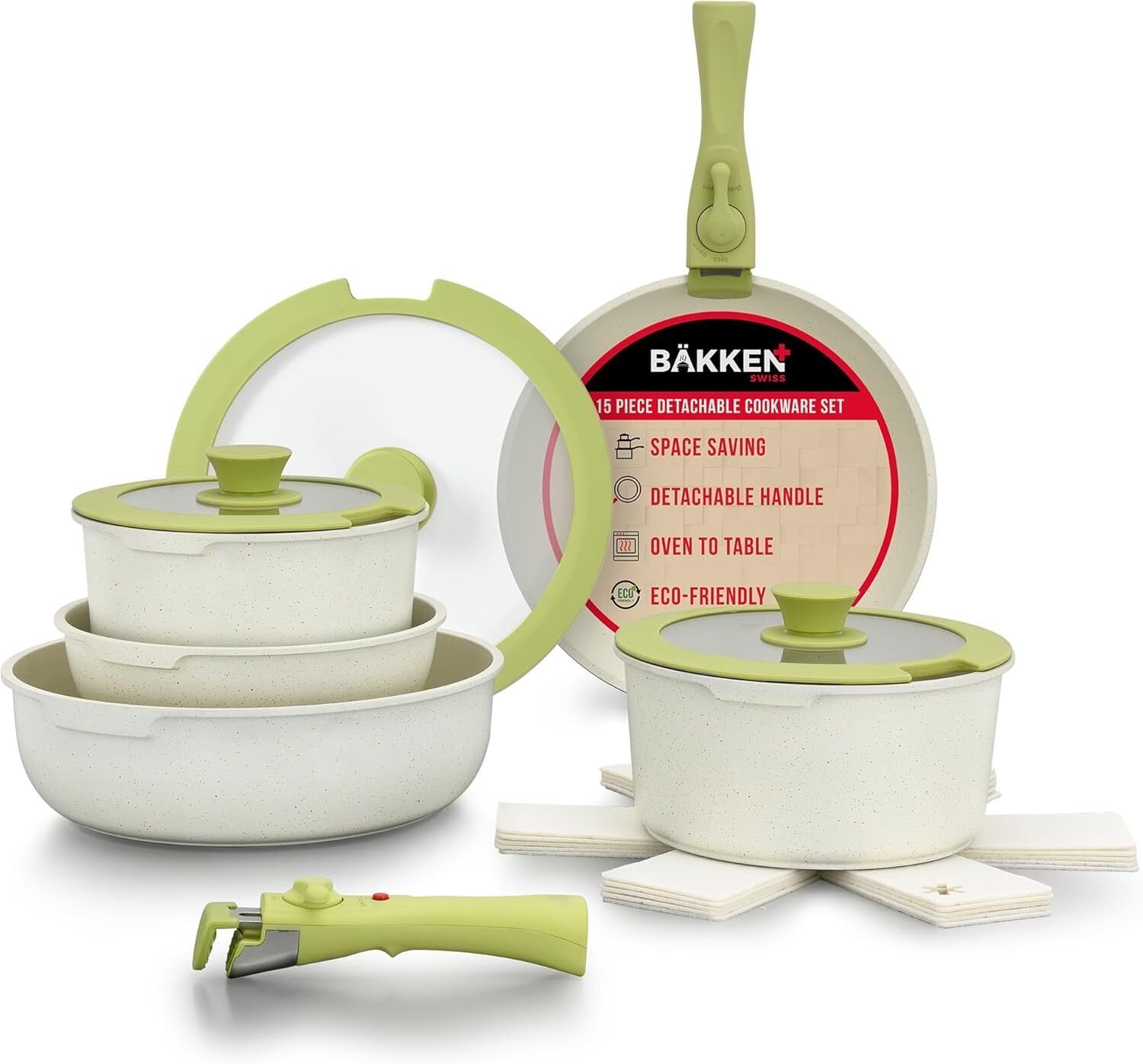 New 15-Piece Granite Cookware Set – Stackable, Oven Safe, Green, Fast Shipping