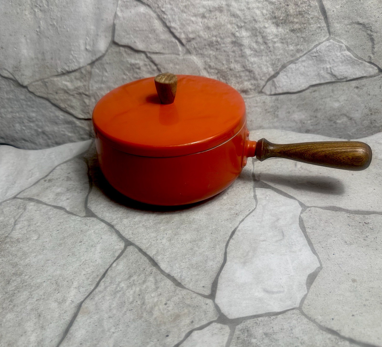 Orange Enamel Mid-Century Modern fondue pot, produced in Japan Vintage