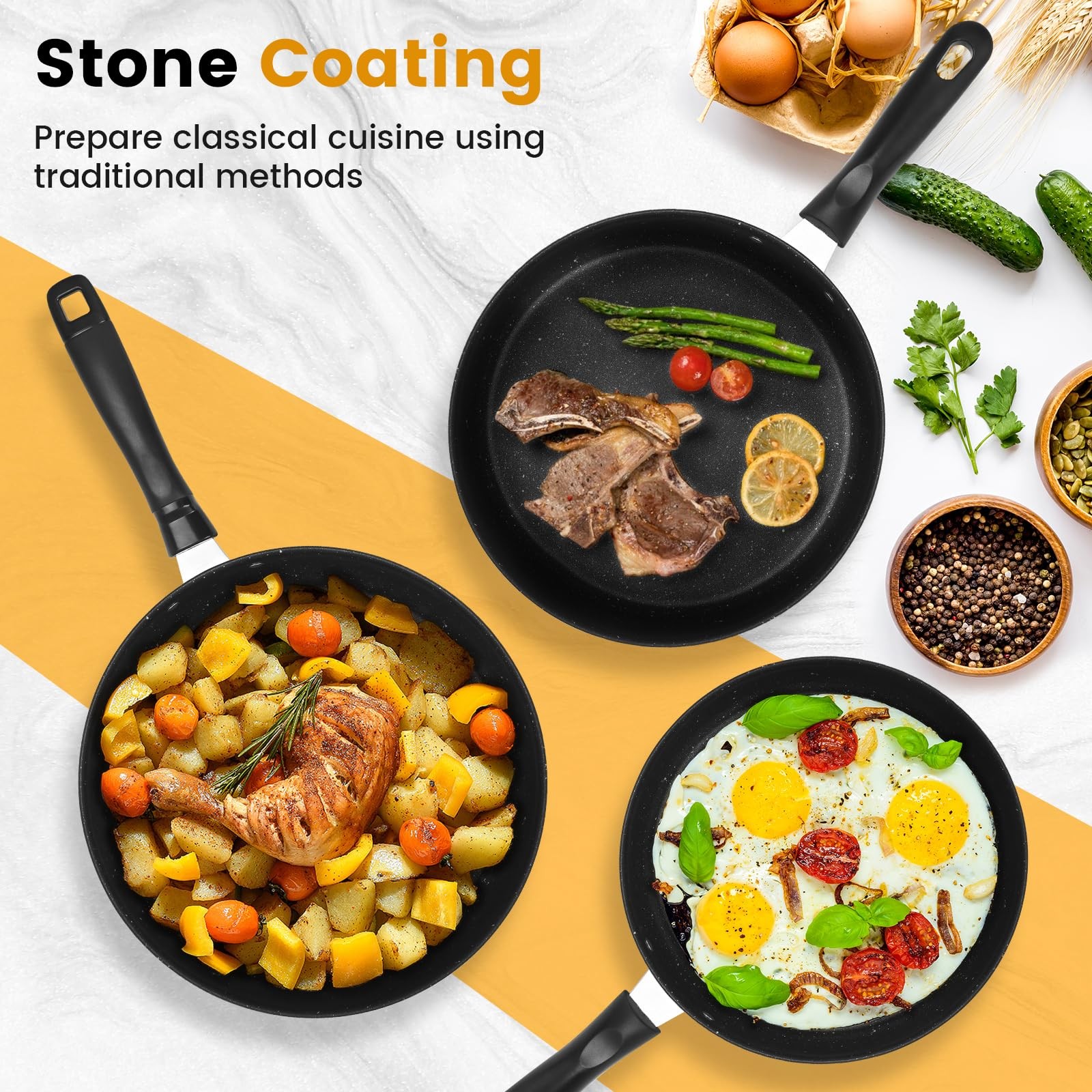 3 PCS Nonstick Frying Pan Skillet Stone Coating Set Fits 9/10/11 Inch