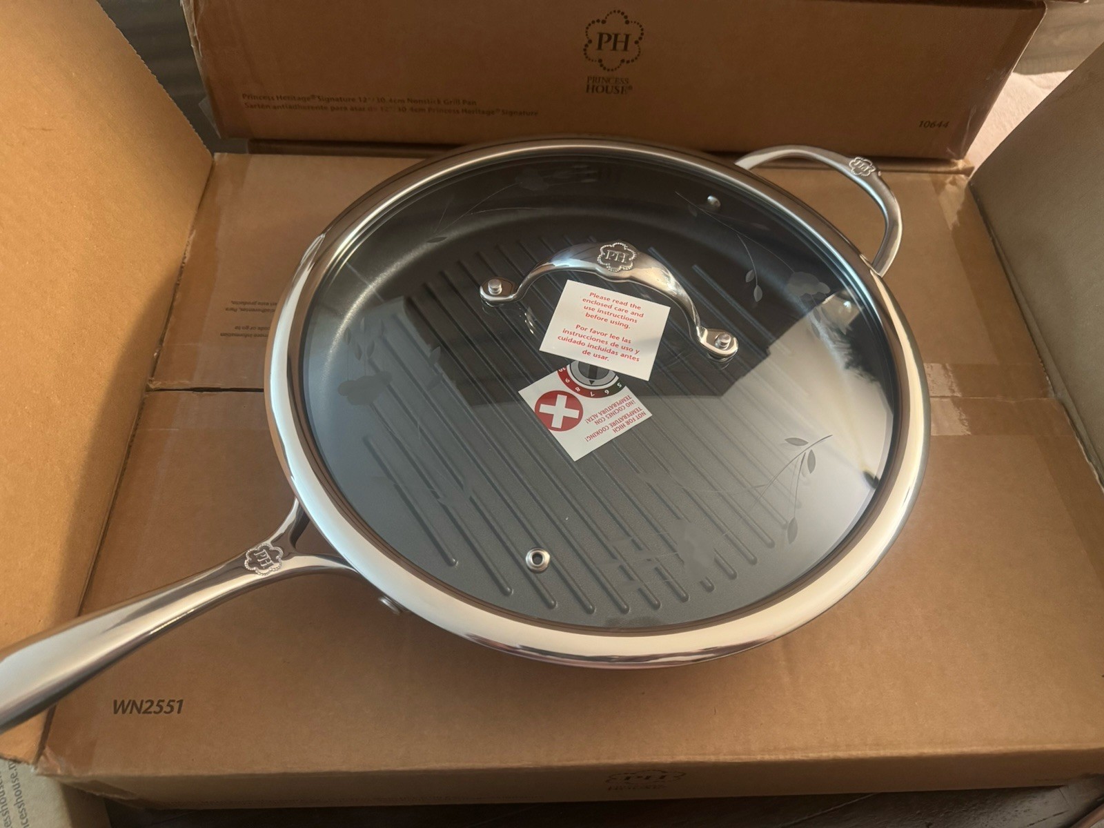 Princess House Heritage Round Non-Stick Grill Pan w/ Lid, 12in, Stainless Steel