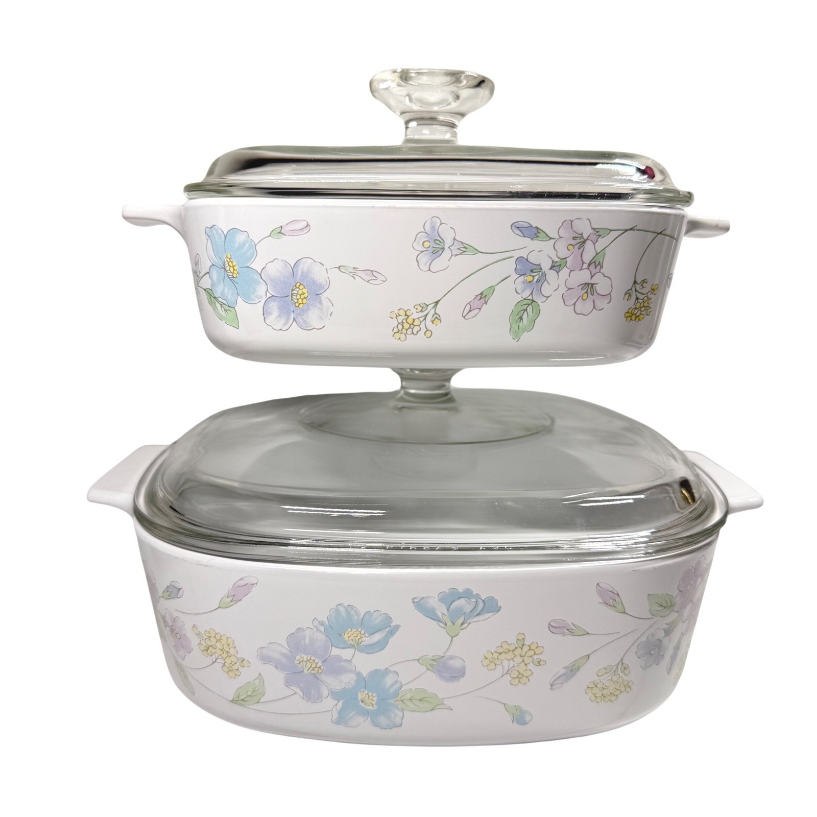 CORNING WARE Pyrex Pastel Bouquet Casserole Dish Set Lid A-1-B 1L & A-2-B 2L VTG