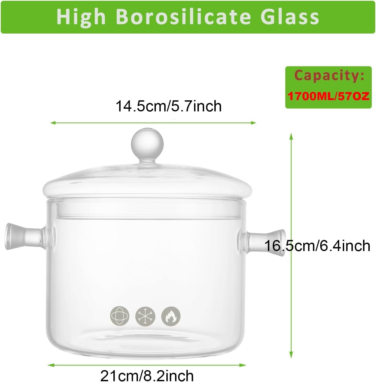 1.7L Glass Cooking Pot Heat-Resistant Borosilicate Glass Saucepan W/ Cover New