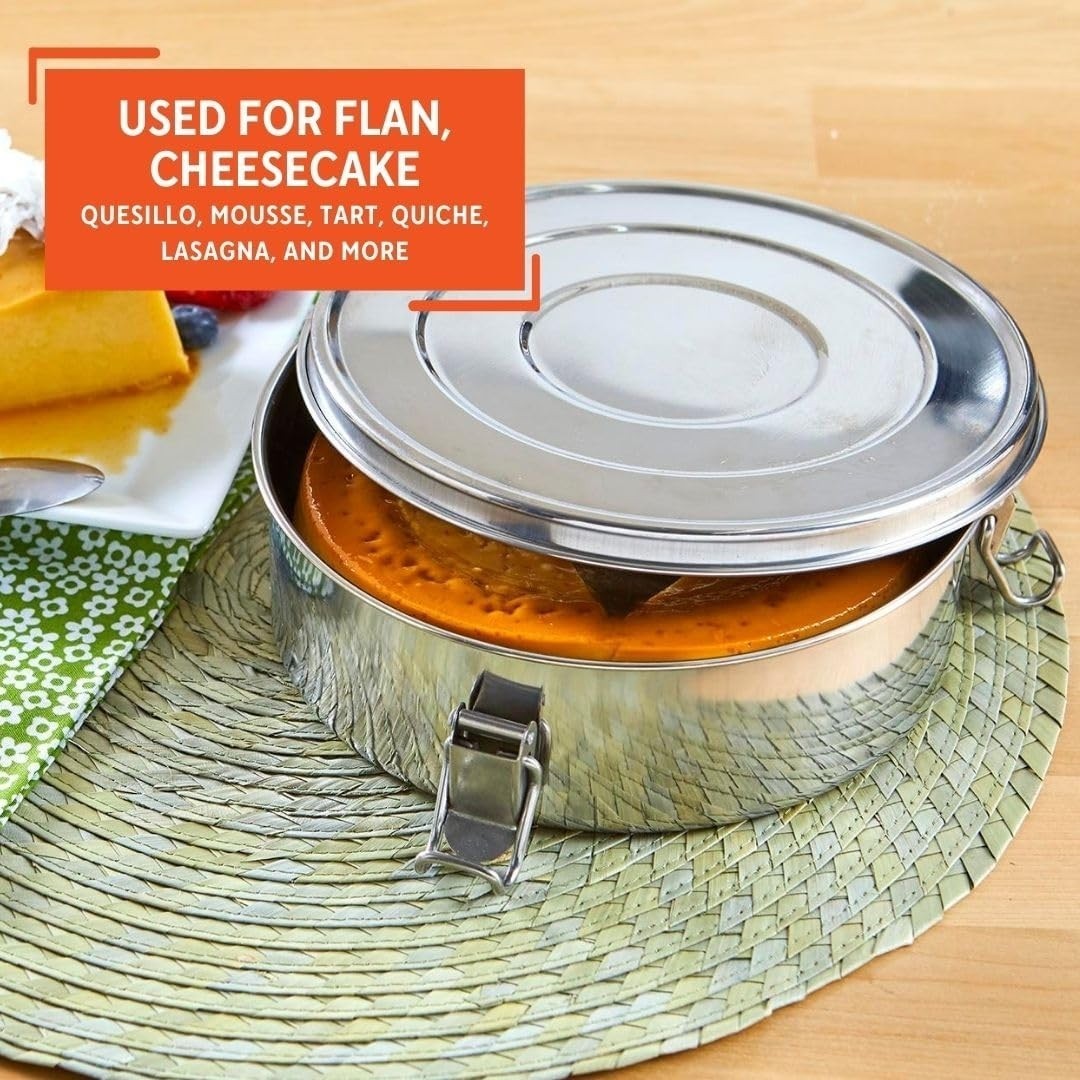 Molde Para Flan De Acero Inoxidable Redondo Con Tapa 8.3” Molde Metálico Plata.