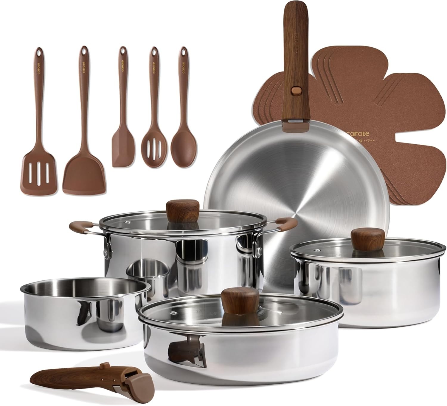 CAROTE 19pcs Stainless Steel Cookware Set with Detachable Handle, Pots and Pans