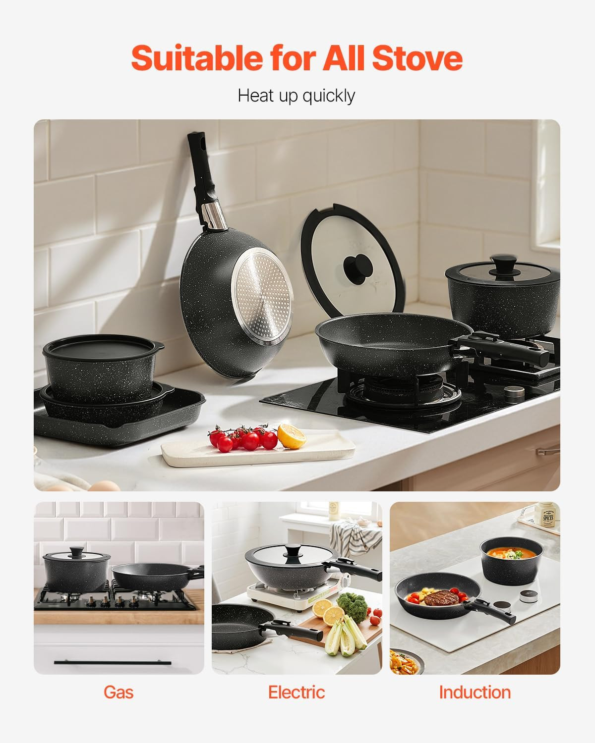 17 Piece Pots and Pans Set, Granite Nonstick Detachable Handle Cookware, Spac…