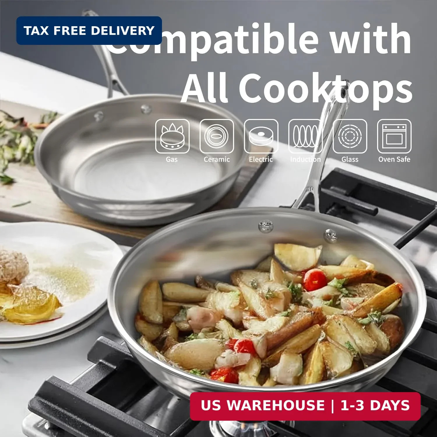 Cookware, 10 Piece Stainless Steel Pot and Pan Set, 5 Ply Clad, Includes Frying
