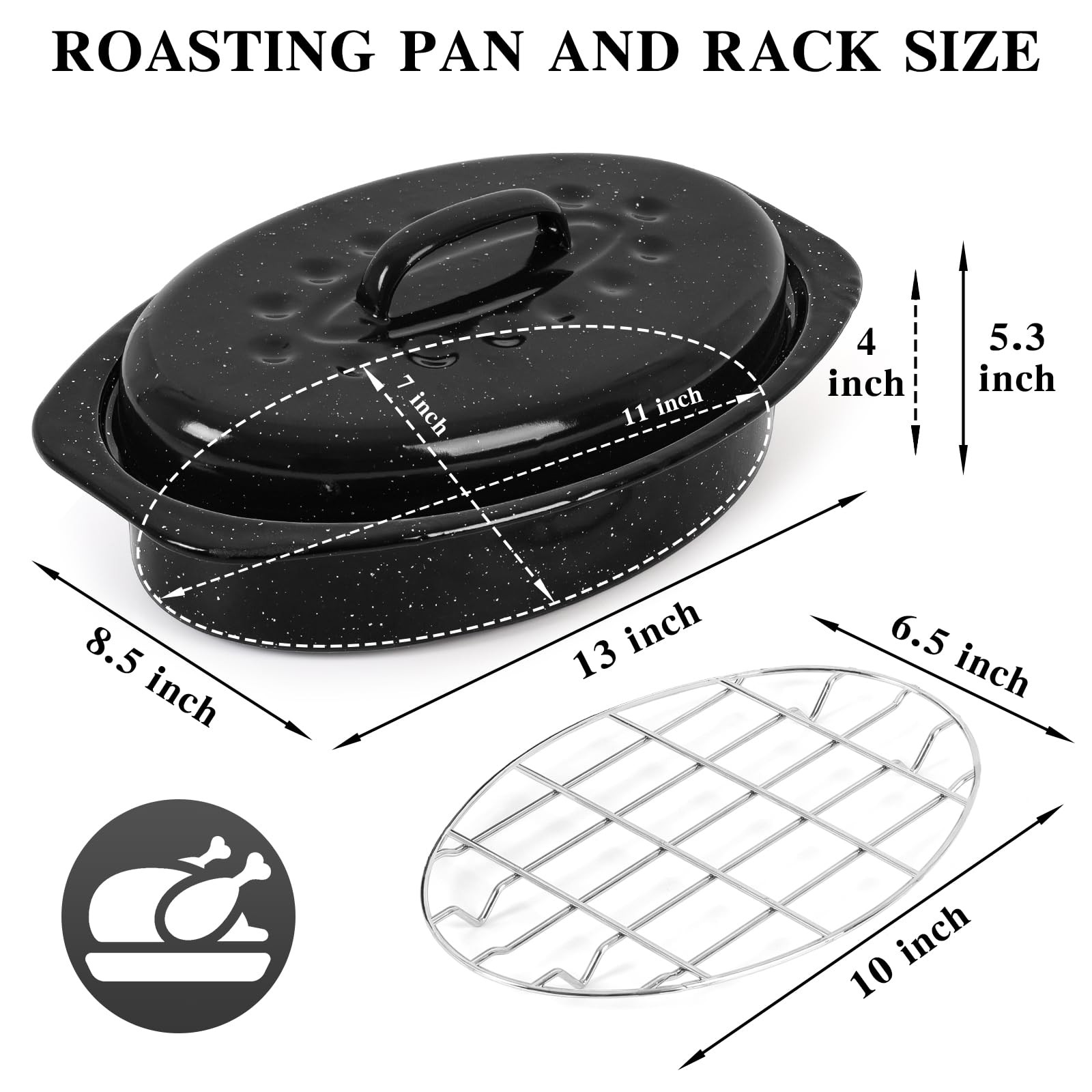 13 Inch Roasting Pan with Lid and Rack, Enamel Carbon Steel Roaster Pan, High…