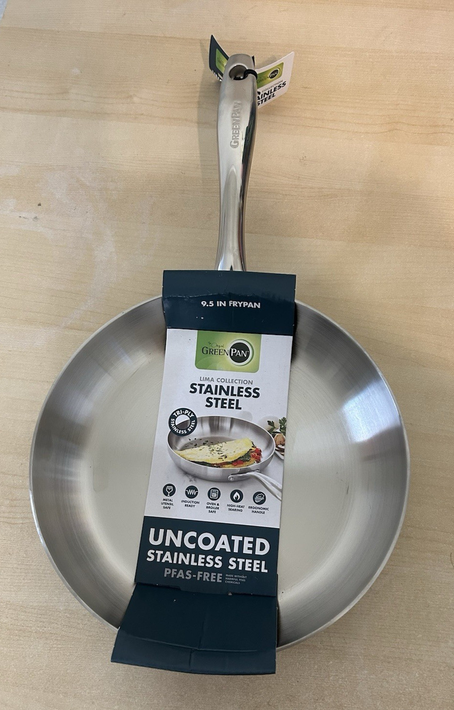 Green Pan Uncoated 3-ply Stainless Steel 9.5 In Frypan PFAS, PFOA -Free