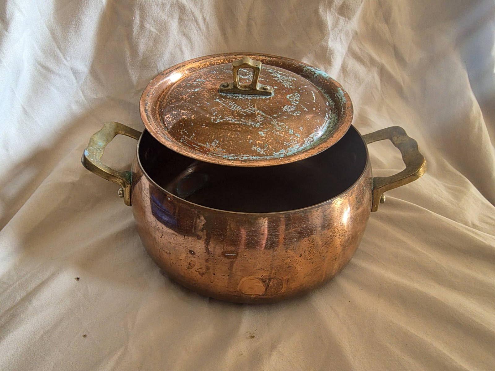 Vintage Italian Copper Stockpot with Lid, Double Handles, Round 2-Piece Set