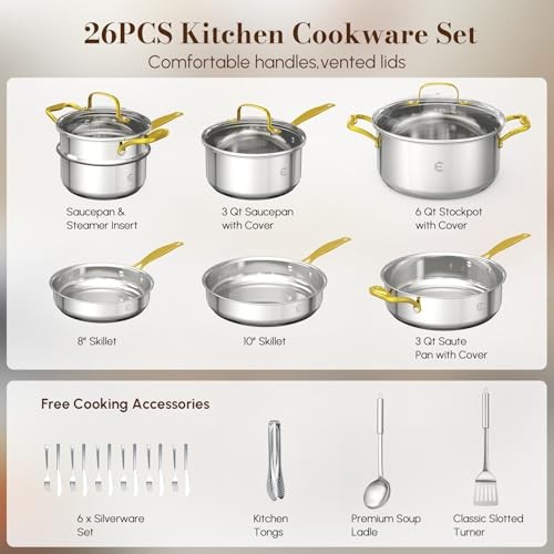 Stainless Steel Cookware Set, Tri-Ply Pots and Pans Set, 26 Piece 26 Pieces