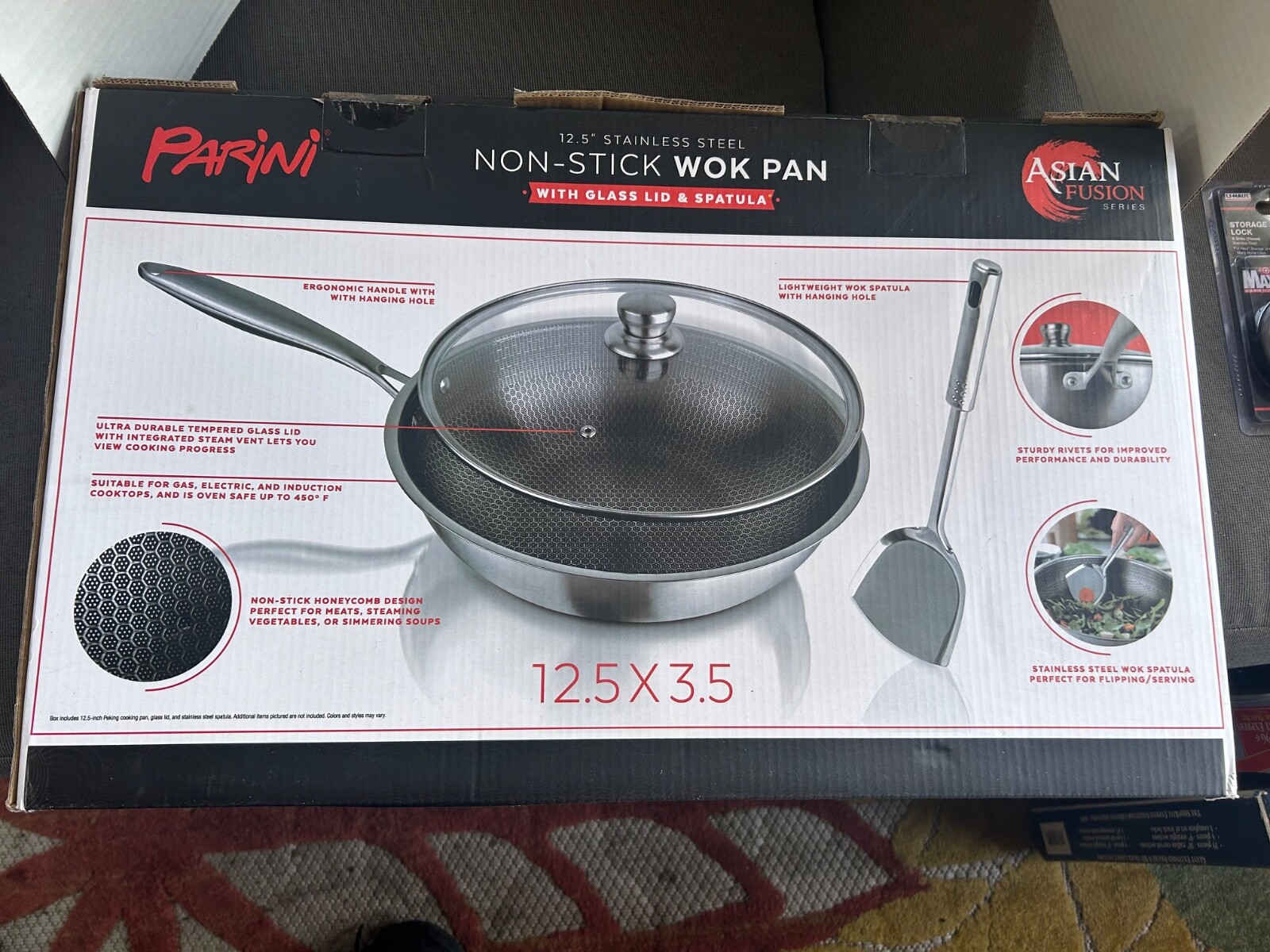 Parini 12.5″ Stainless Steel Non-Stick Wok Pan w/Glass Lid & Spatula *Brand New*