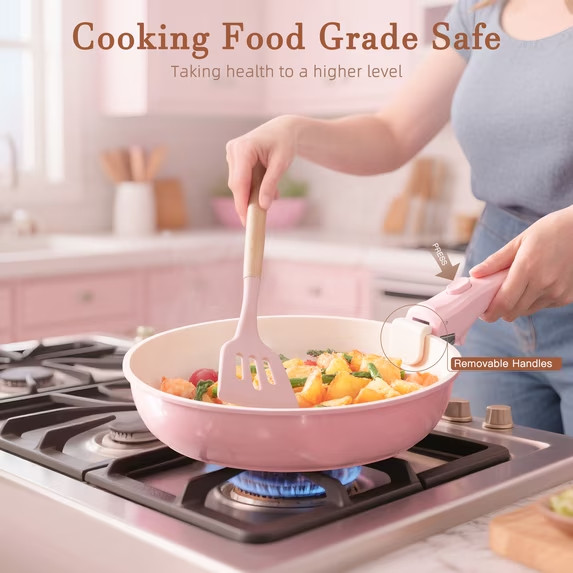 20-Piece Ceramic Pots and Pans Set, Nonstick Cookware Set with Detachable PINK