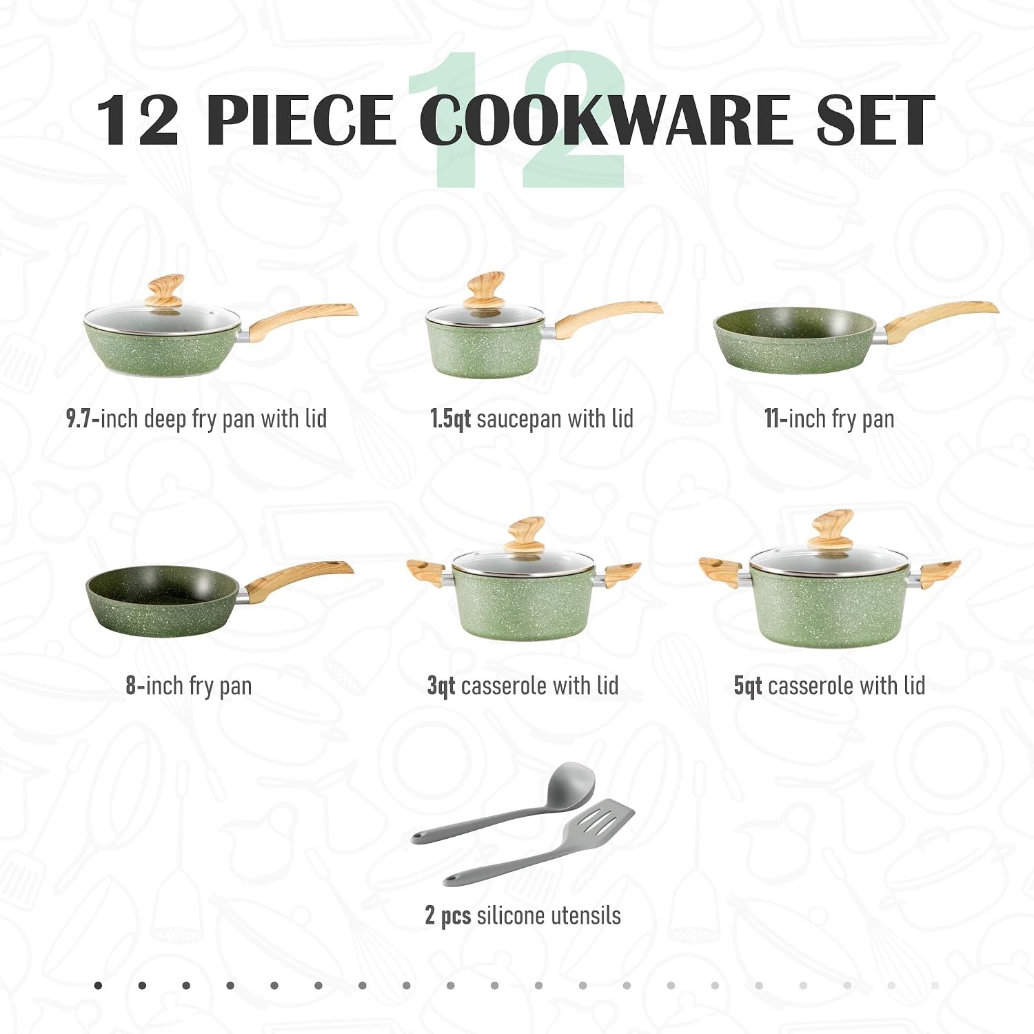 Pots & Pans Set Non Stick 12 Piece Green Granite Kitchen Cookware Induction