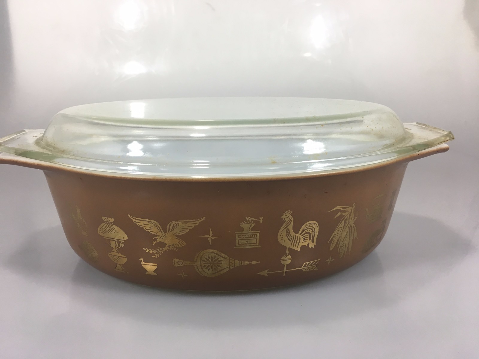 Pyrex Early American Gold Brown 045 2.5 Qt Cinderella Casserole Bowl Glass Lid
