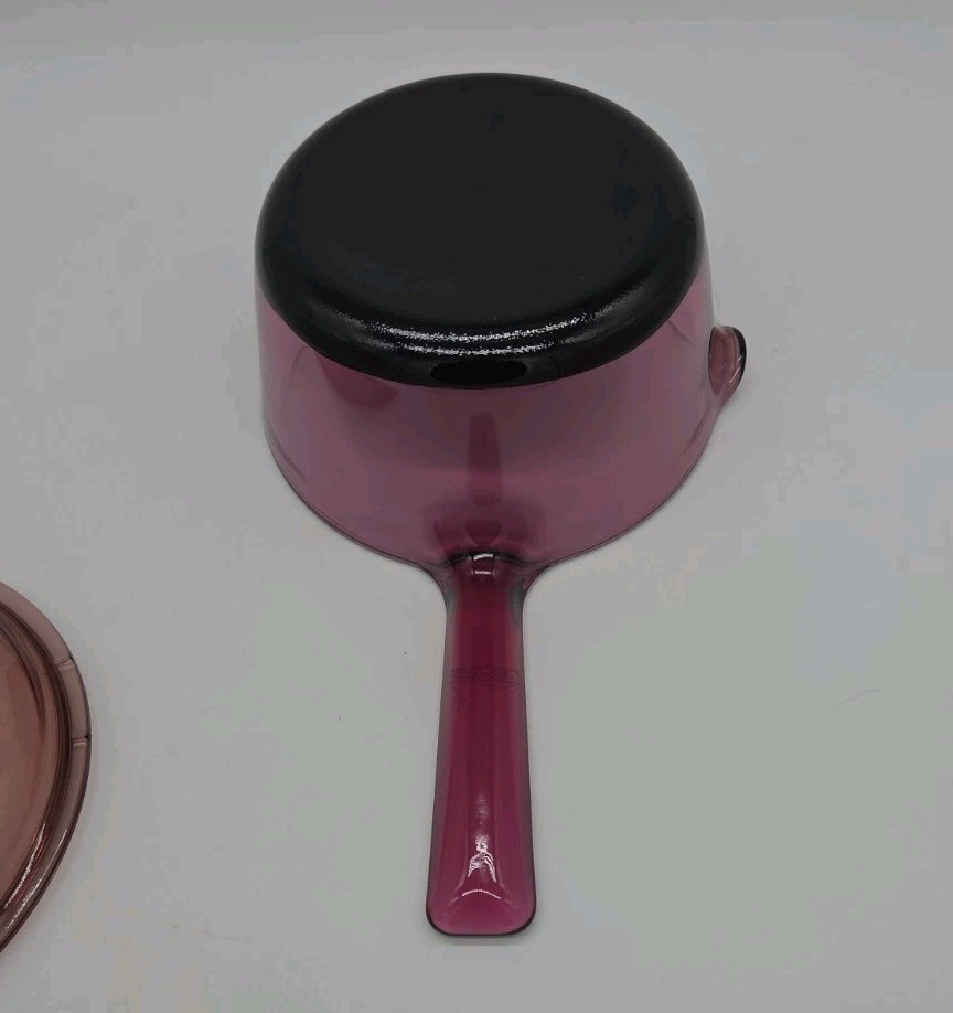 Vtg Corning Ware Vision Cranberry Glass 1L Sauce Pan Pot Teflon Bottom Pyrex Lid