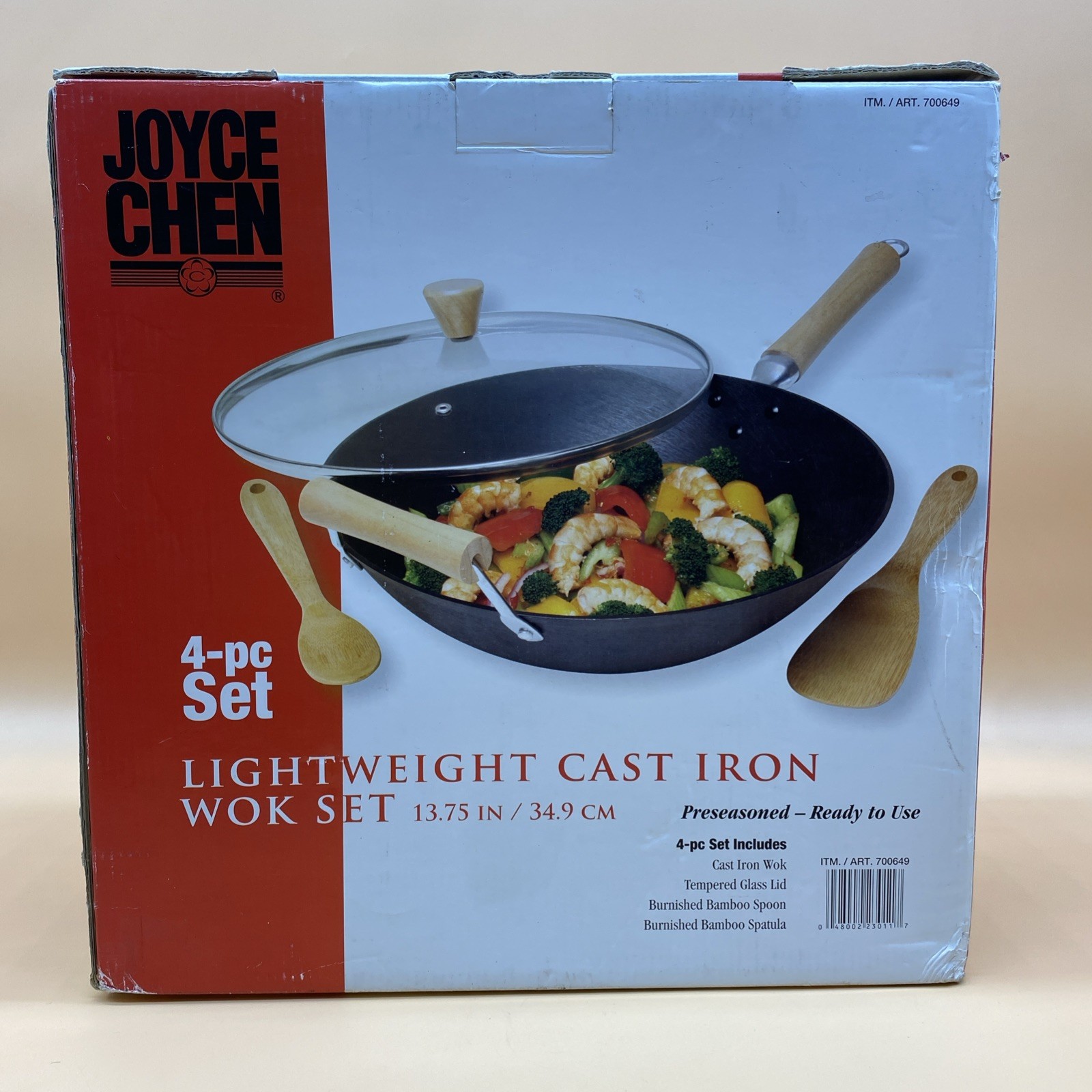 Joyce Chen Lightweight Cast Iron Wok 4 Piece Set Bamboo Spoon Spatula New READ!