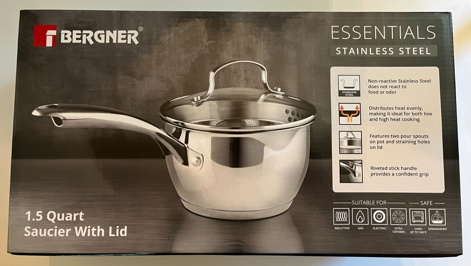 Bergner 1.5 Quart Saucier with Lid, Essentials Stainless Steel, New in box