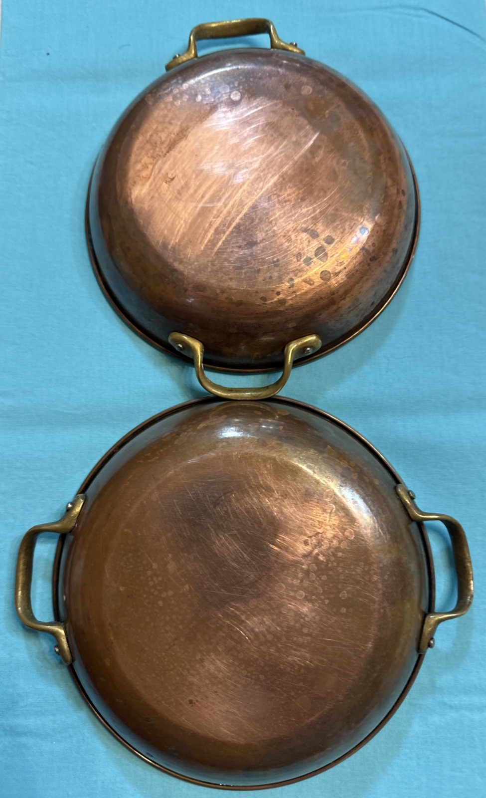 Set Of 2 Vintage Antique Small 7” Copper Gratin Pan with Brass Handles