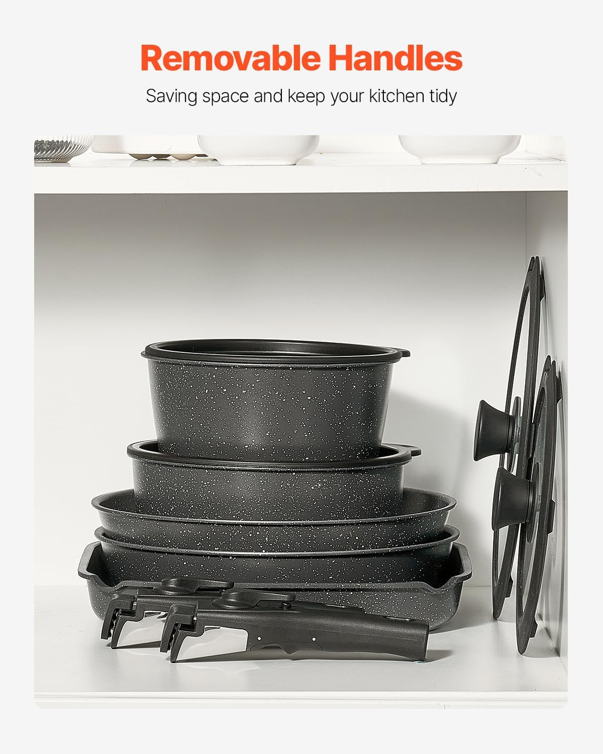 17 Piece Pots and Pans Set, Granite Nonstick Detachable Handle Cookware, Spac…