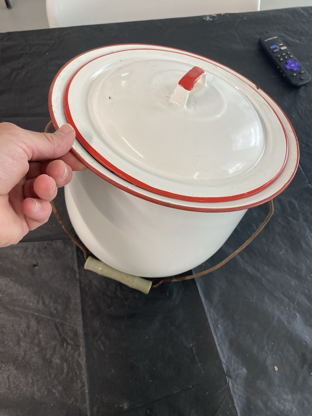 White Enamel Stockpot with Red Trim, Lid and Handle, Two-Piece Metal Set
