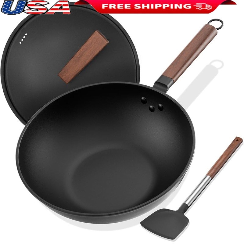 Pre-Seasoned Carbon Steel Nonstick Wok W/ Stand-Free Lid & Silicone Spatula 13In