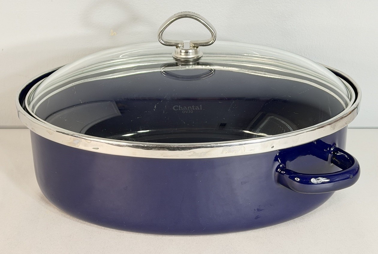 Chantal Enamel On Steel Blue Roaster Pan Dutch Oven Oval Dome w/ Glass Lid OV30