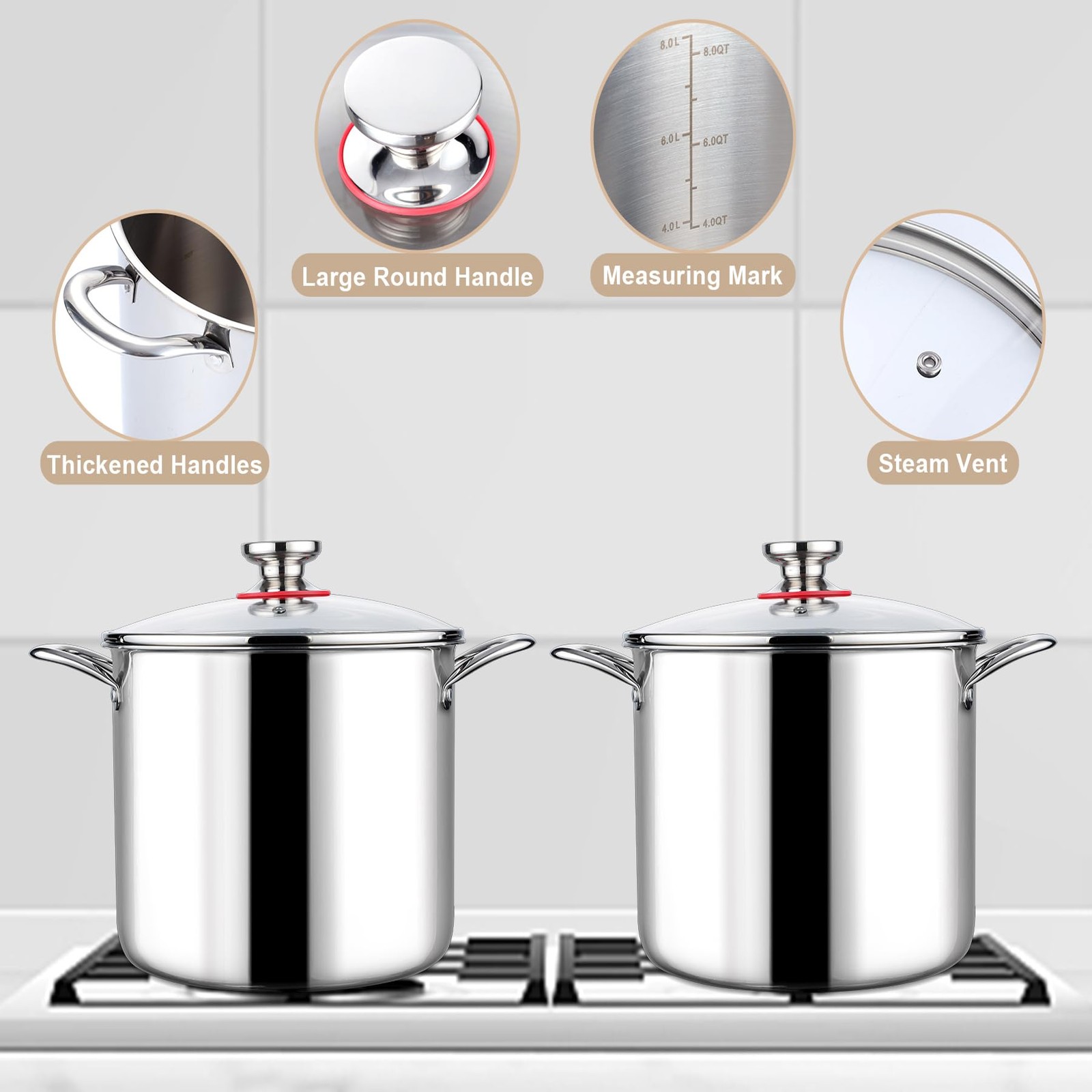 Lianyu 10 Quart Pot Lid 10Qt Tri-Ply Heavy Duty Stock Pot 18/10 Stainless Steel