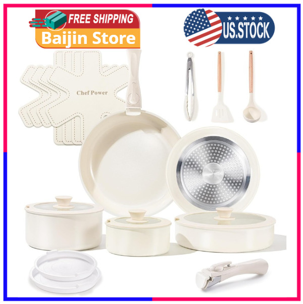 Ceramic Cookware Set Non Toxic with Detachable Handles, Healthy Nonstick Pans…