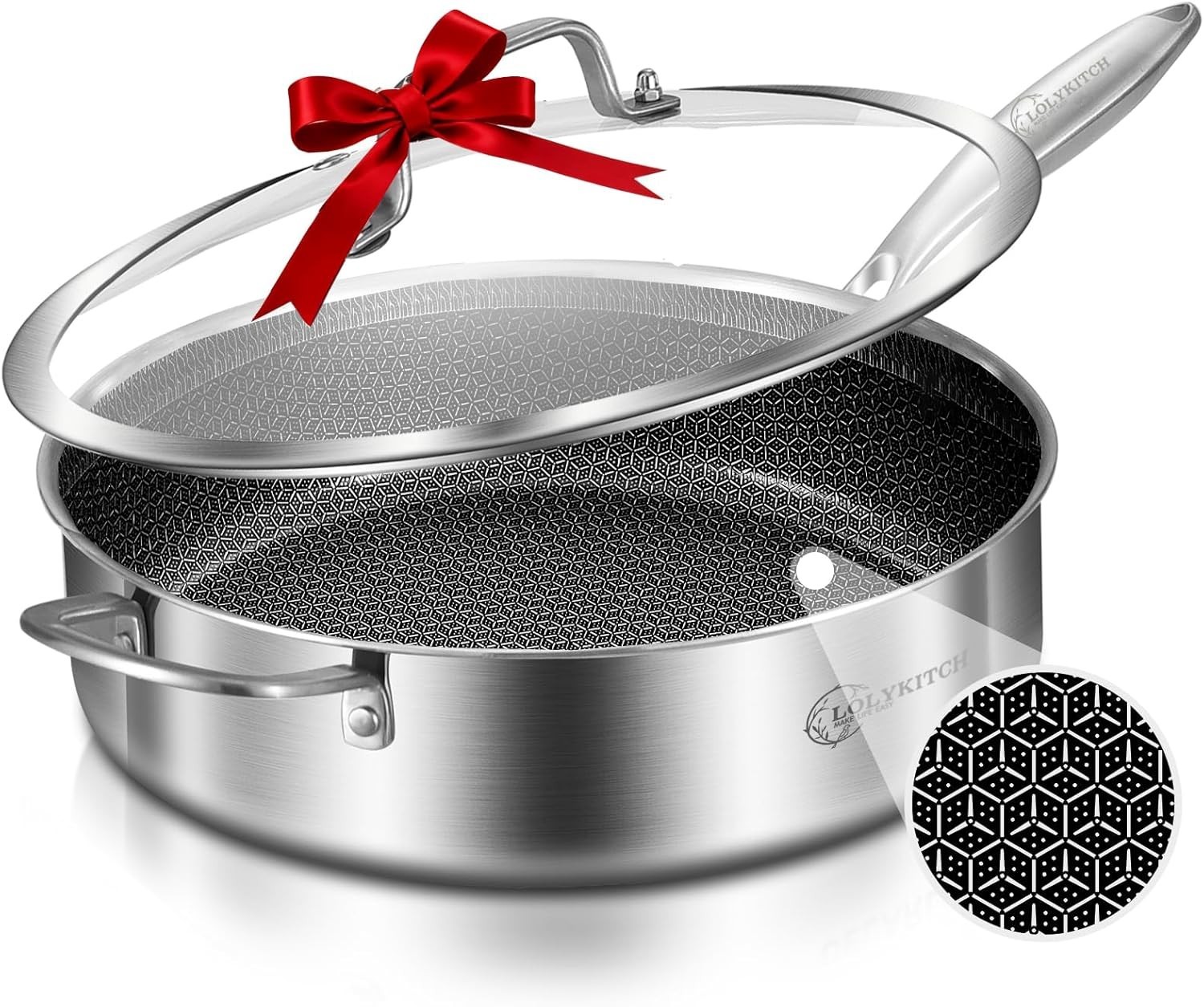 6 QT Stainless Steel Nonstick Sauté Pan with Lid 12 Inch Deep Skillet