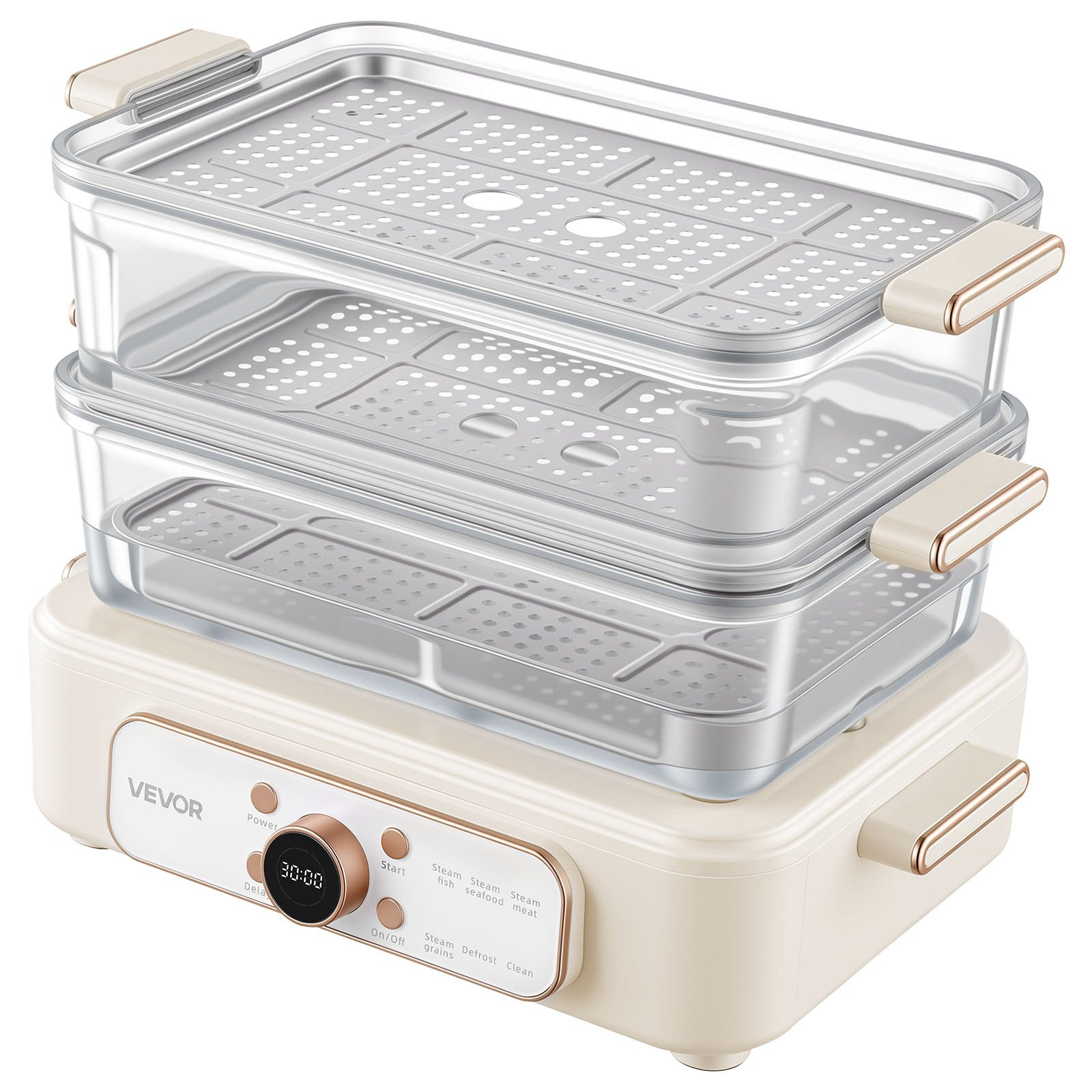 10.6QT Electric Food Steamer 3 Tier Stainless Trays 1200W White Cooker