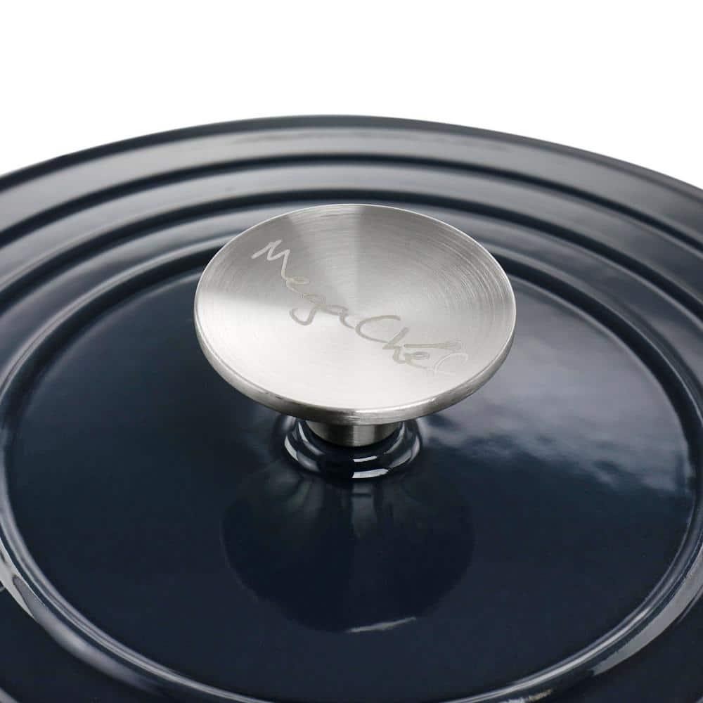MegaChef Braiser Pan 2 qt Round Enameled Cast Iron Dark Blue Non-Stick Oven Safe