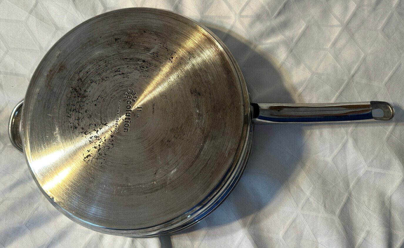 ECOLUTION 11″ SILVER FRYING PAN W/ GLASS LID COVER GRILLING PAN STAINLESS STEEL