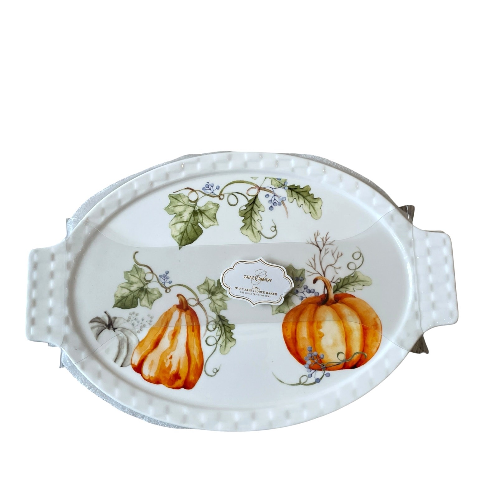 Grace Pantry Oval Oven Safe Baker Casserole w/ Lid 11in Fall Thanksgiving NEW