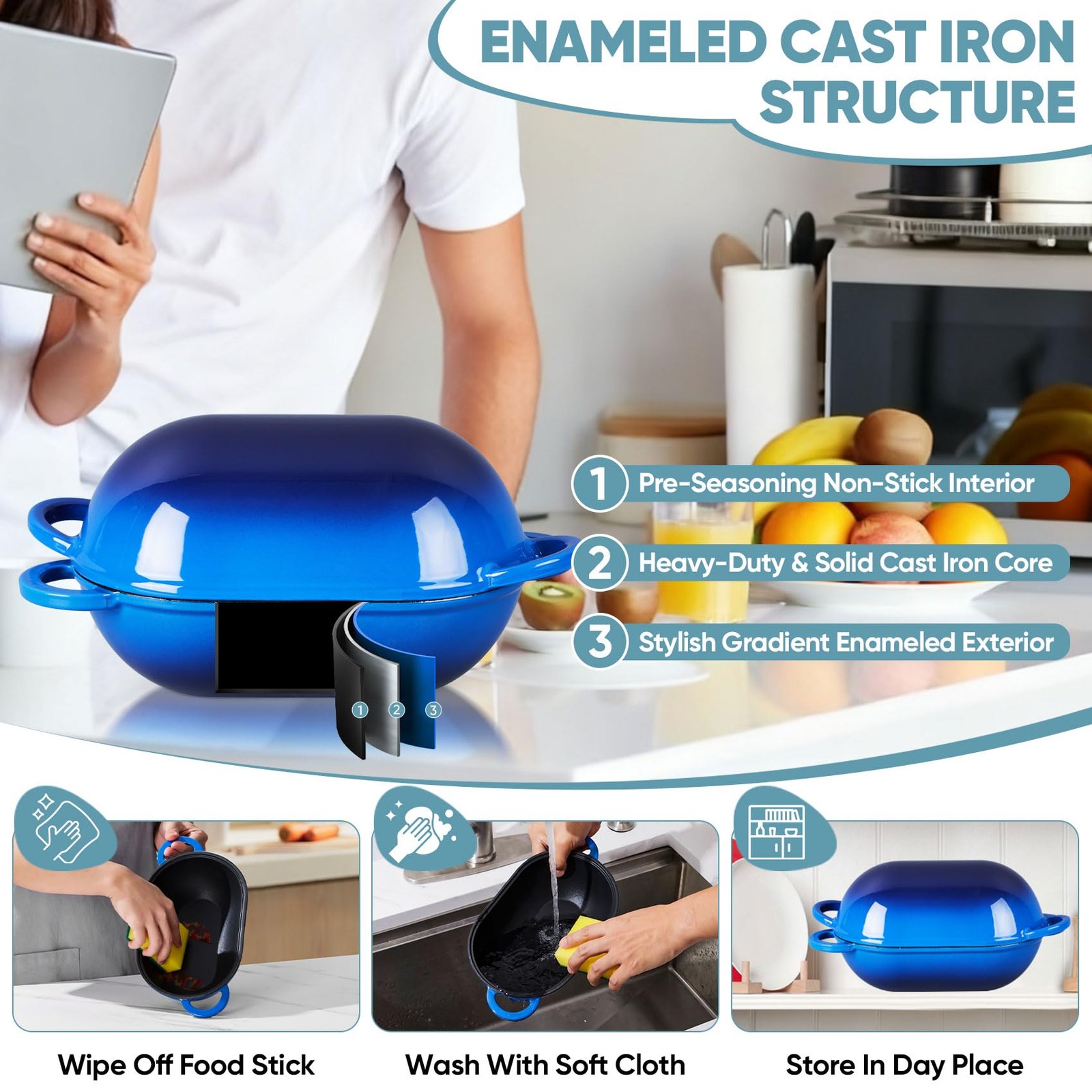 TeamFar Enameled Cast Iron Bread Loaf Pan, 2 QT Oval Dutch Oven with Lid for Sou