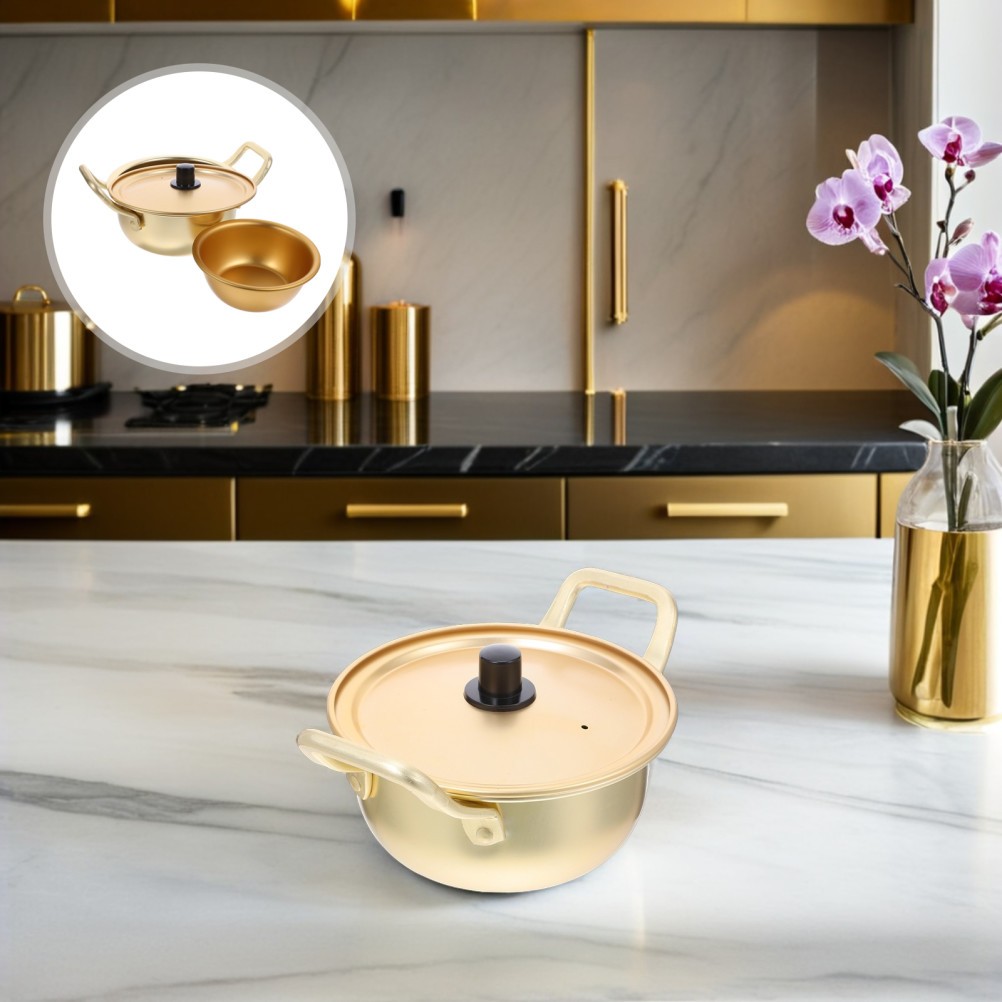 1 Set Golden Aluminum Alloy Ramen Pot with Lid and Small Bowl for Home Use