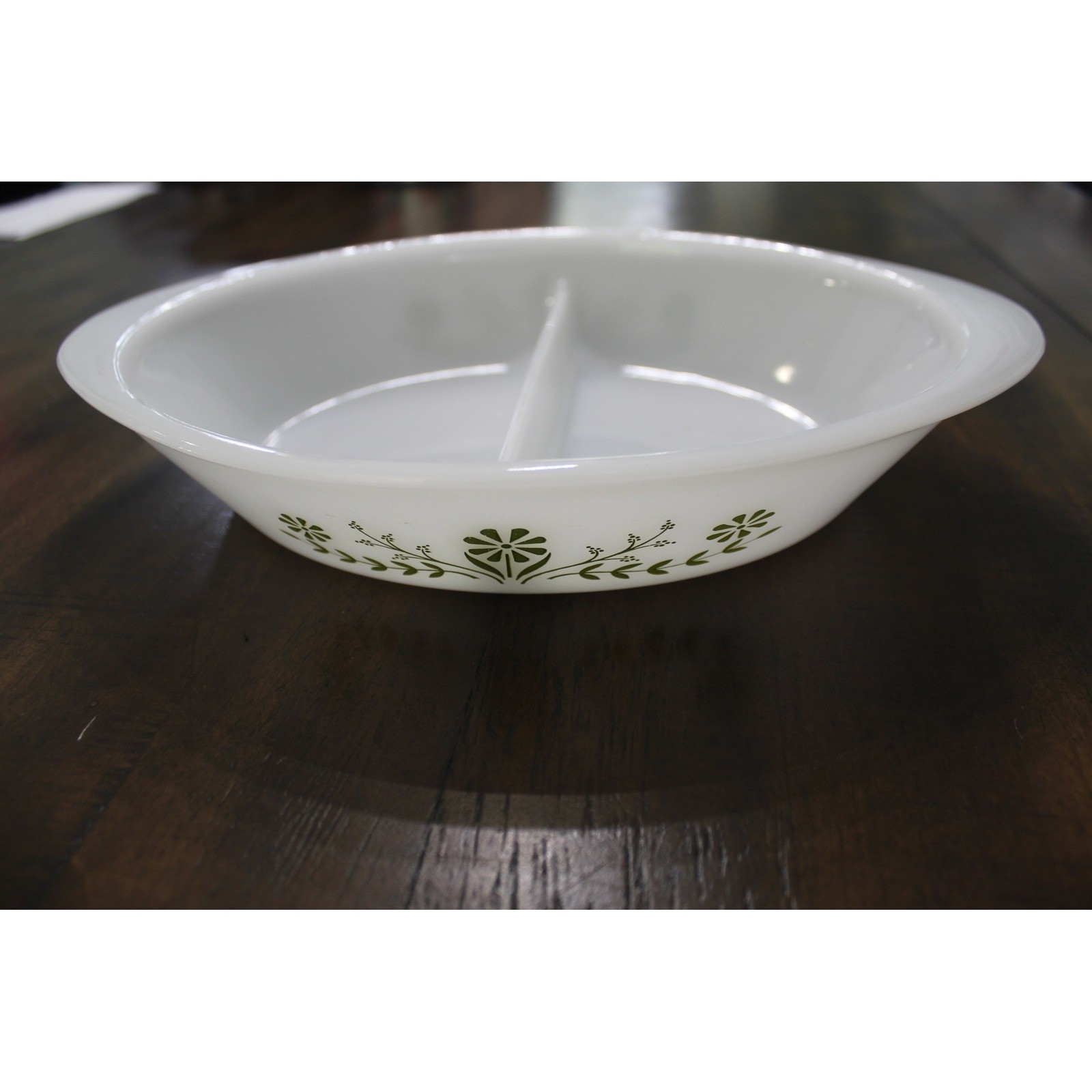 Glasbake J2352 MilkGlass Divided Serving Dish Green Floral Oval Bakeware Vintage